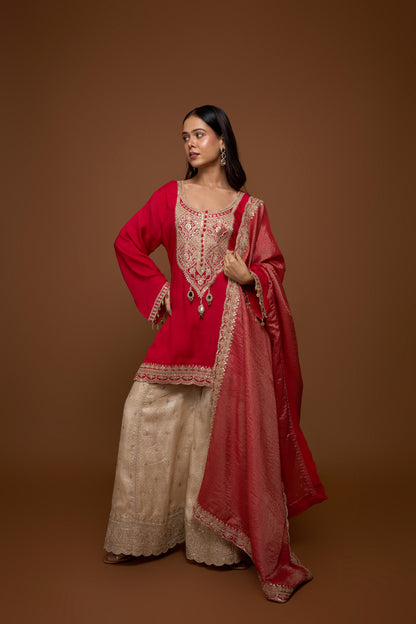 RED KURTA AND SHARARA PANTS SET