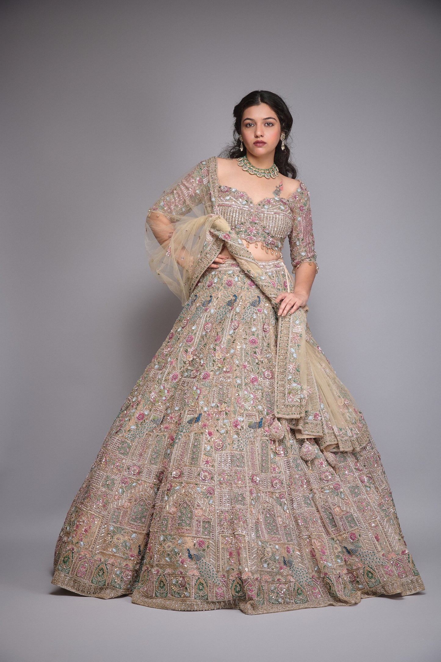 HAZELNUT EMBROIDERY NET LEHENGA