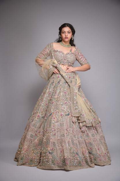 HAZELNUT EMBROIDERY NET LEHENGA