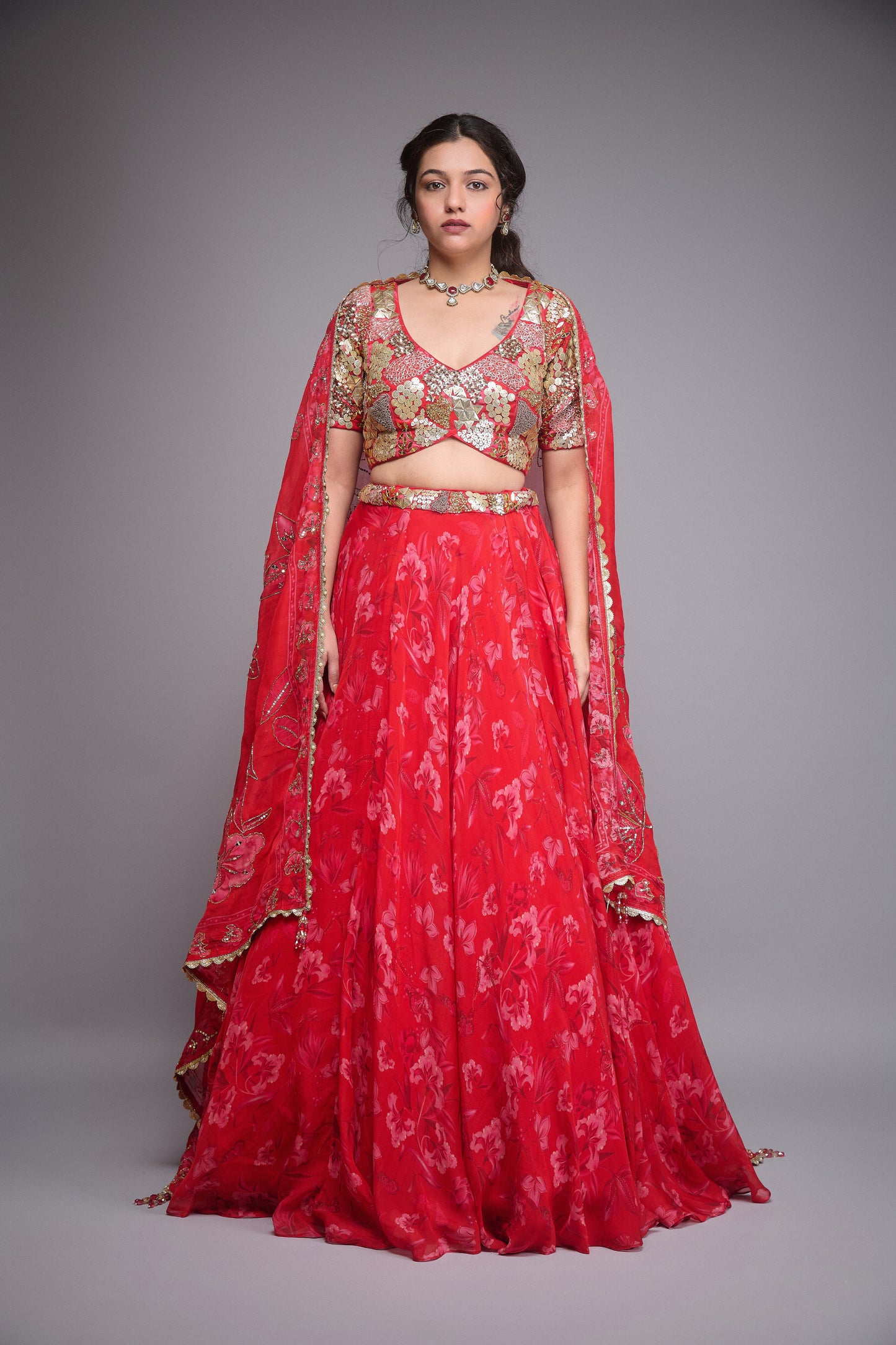 CHERRY RED PRINTED CREPE LEHENGA