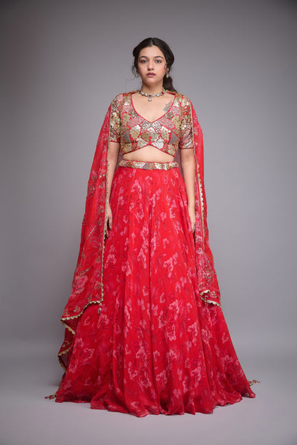CHERRY RED PRINTED CREPE LEHENGA