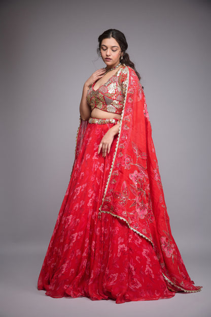 CHERRY RED PRINTED CREPE LEHENGA