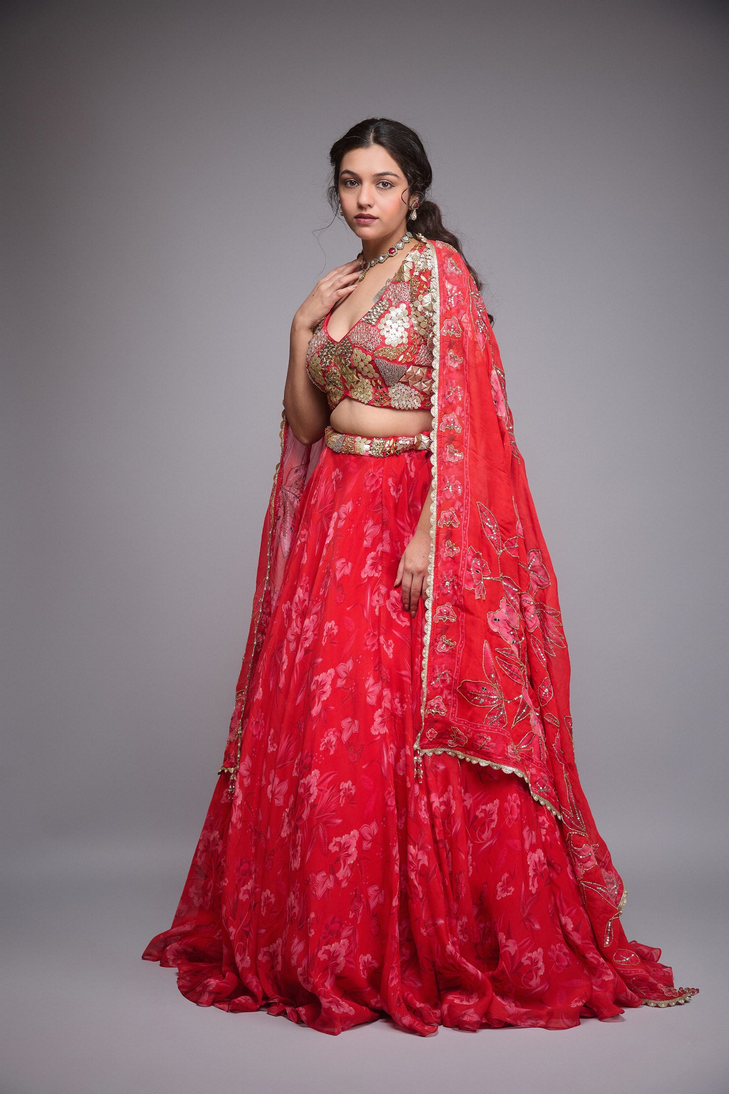 CHERRY RED PRINTED CREPE LEHENGA