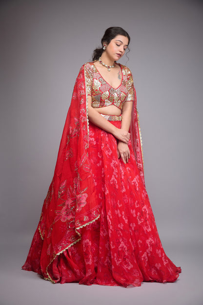 CHERRY RED PRINTED CREPE LEHENGA