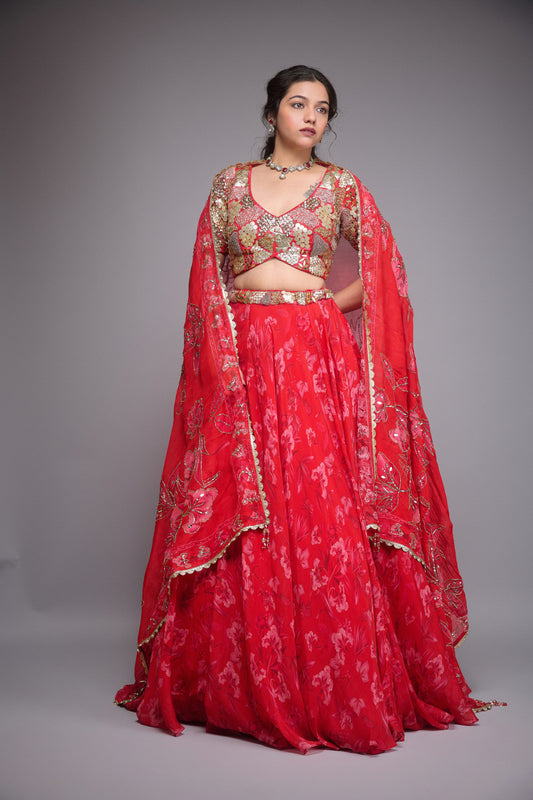 CHERRY RED PRINTED CREPE LEHENGA