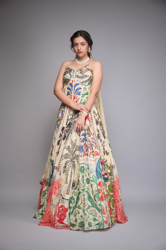 CREAM PRINTED CREPE LEHENGA
