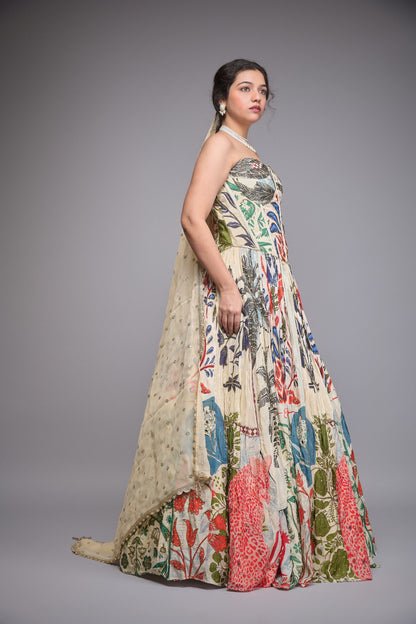 CREAM PRINTED CREPE LEHENGA