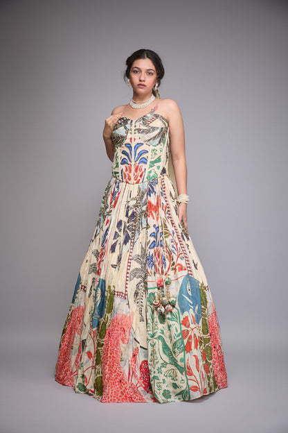 CREAM PRINTED CREPE LEHENGA