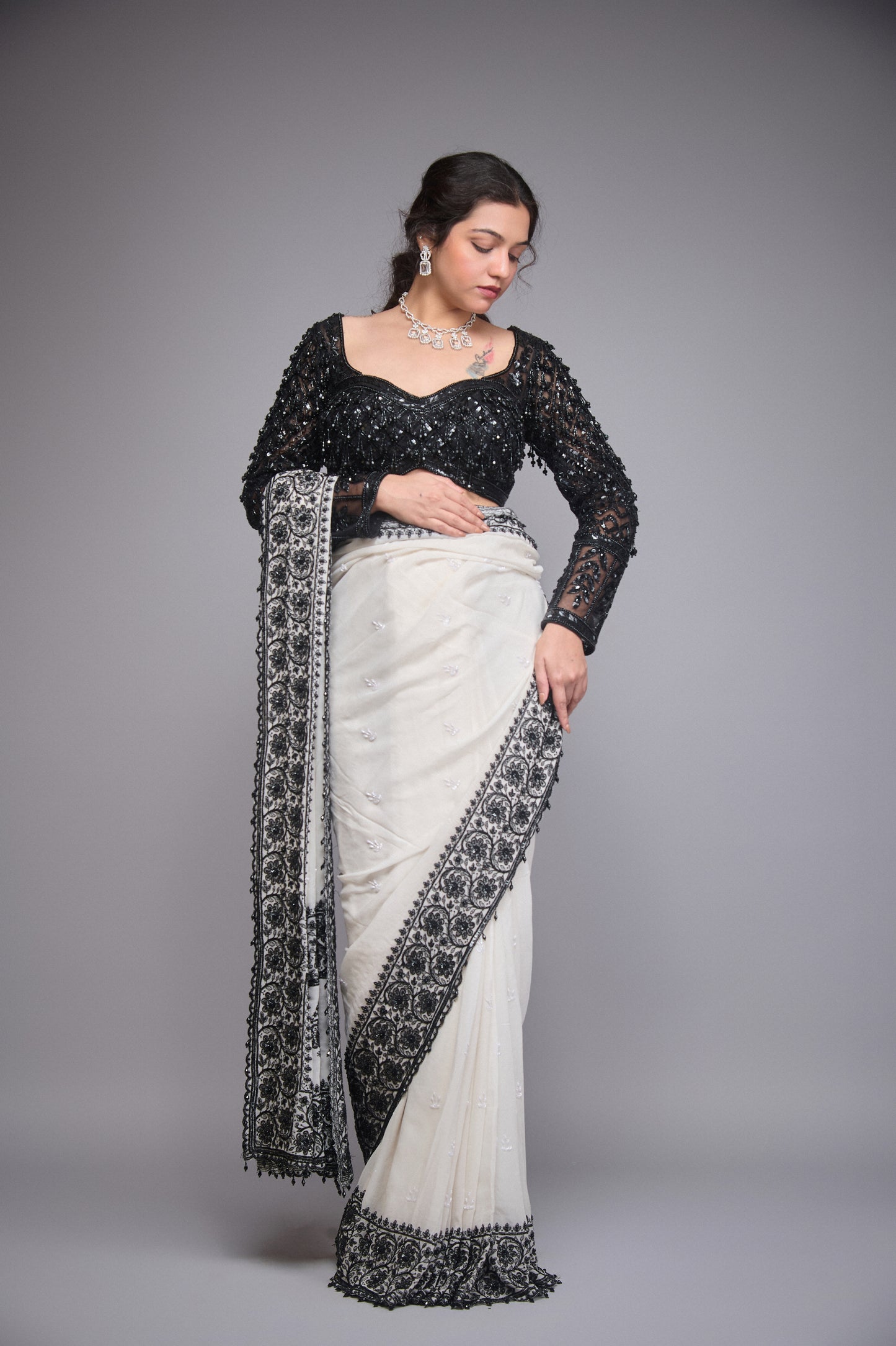 GEORGETTE WHITE AND BLACK EMBROIDERED SAREE