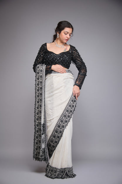 GEORGETTE WHITE AND BLACK EMBROIDERED SAREE