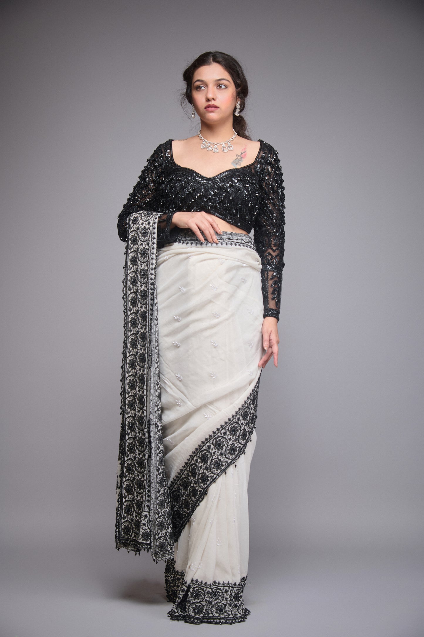 GEORGETTE WHITE AND BLACK EMBROIDERED SAREE