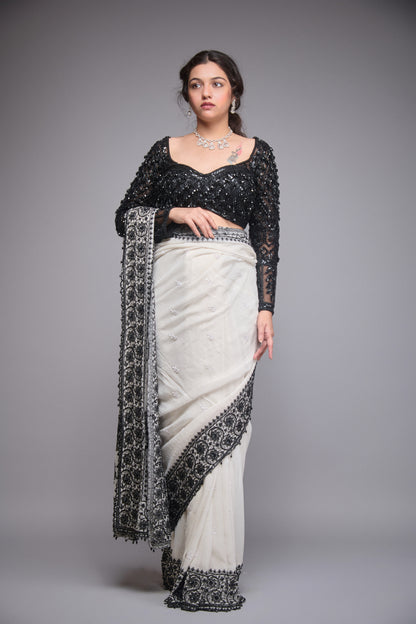 GEORGETTE WHITE AND BLACK EMBROIDERED SAREE