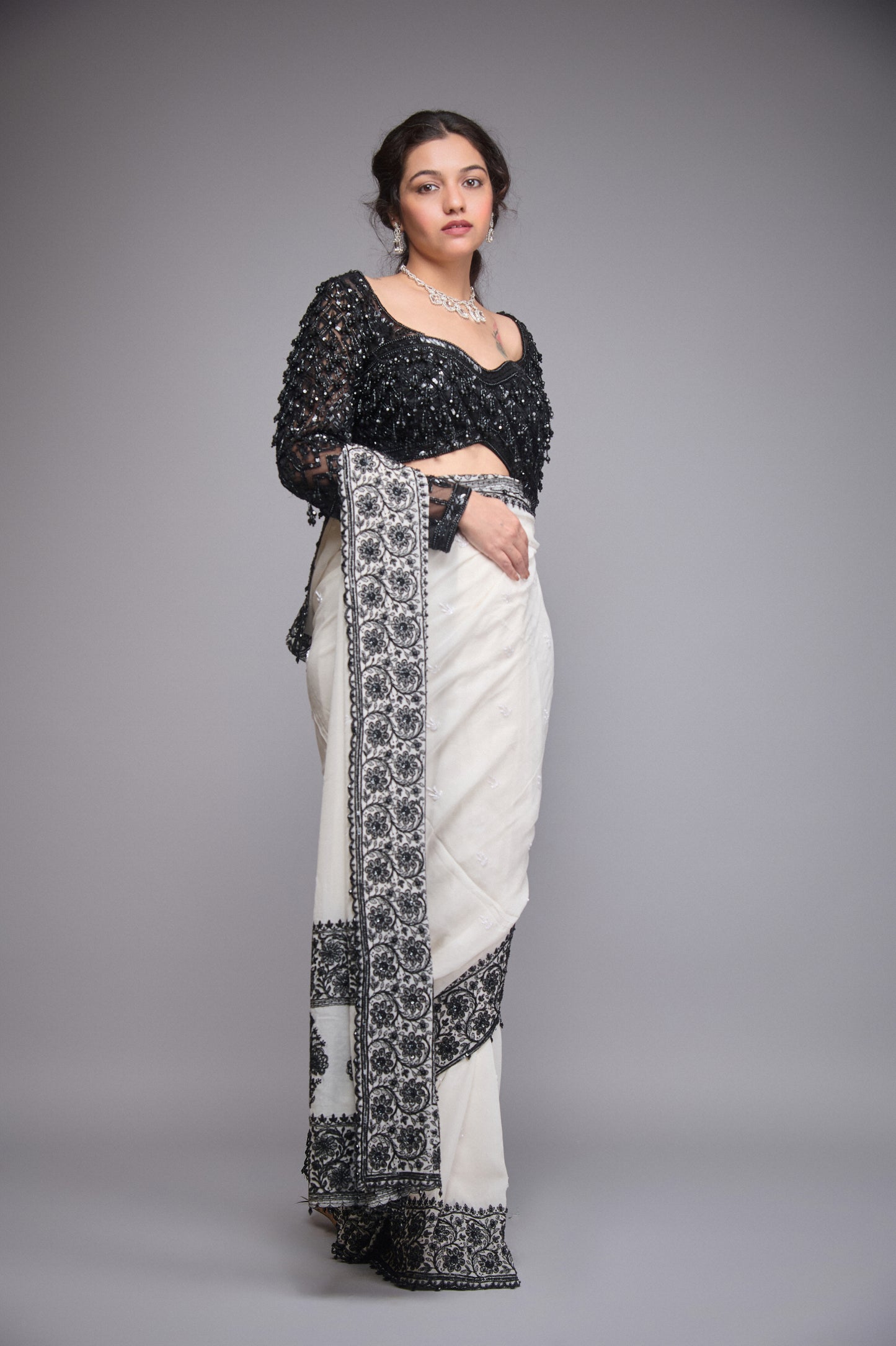 GEORGETTE WHITE AND BLACK EMBROIDERED SAREE