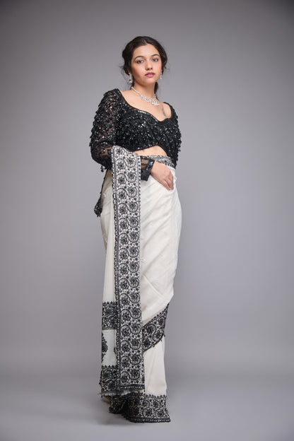 GEORGETTE WHITE AND BLACK EMBROIDERED SAREE