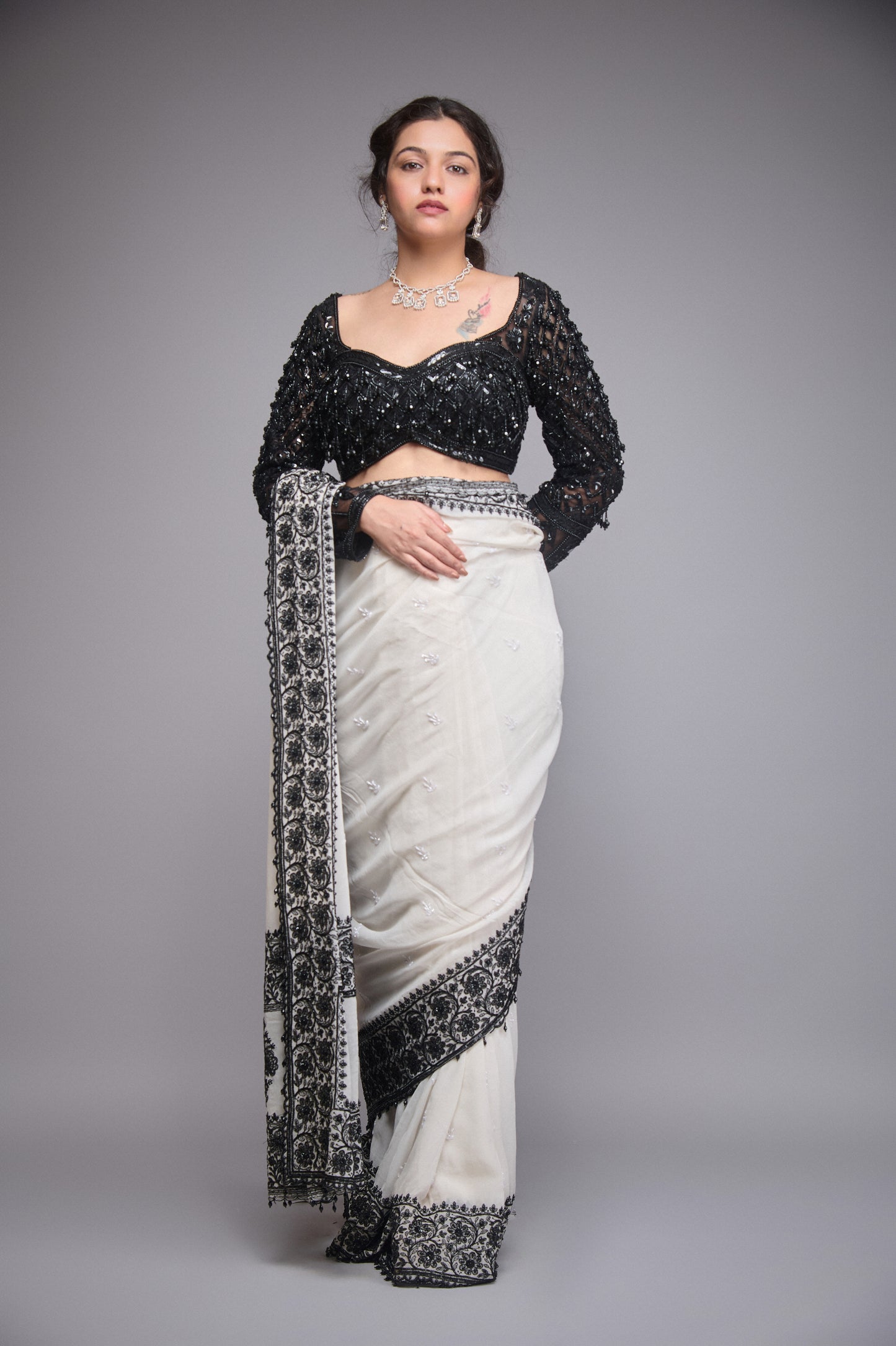 GEORGETTE WHITE AND BLACK EMBROIDERED SAREE