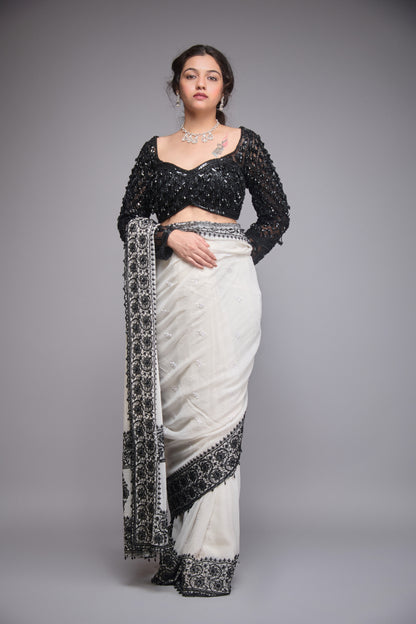 GEORGETTE WHITE AND BLACK EMBROIDERED SAREE