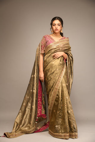 DARK GOLD EMBROIDERED TISSUE SAREE