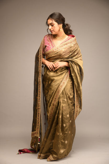 DARK GOLD EMBROIDERED TISSUE SAREE