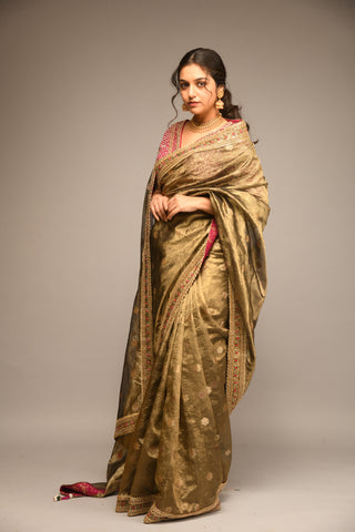 DARK GOLD EMBROIDERED TISSUE SAREE alternate