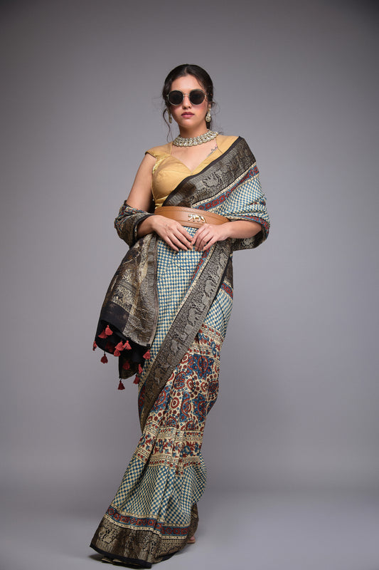 CREAM & BLUE AJRAKH SAREE