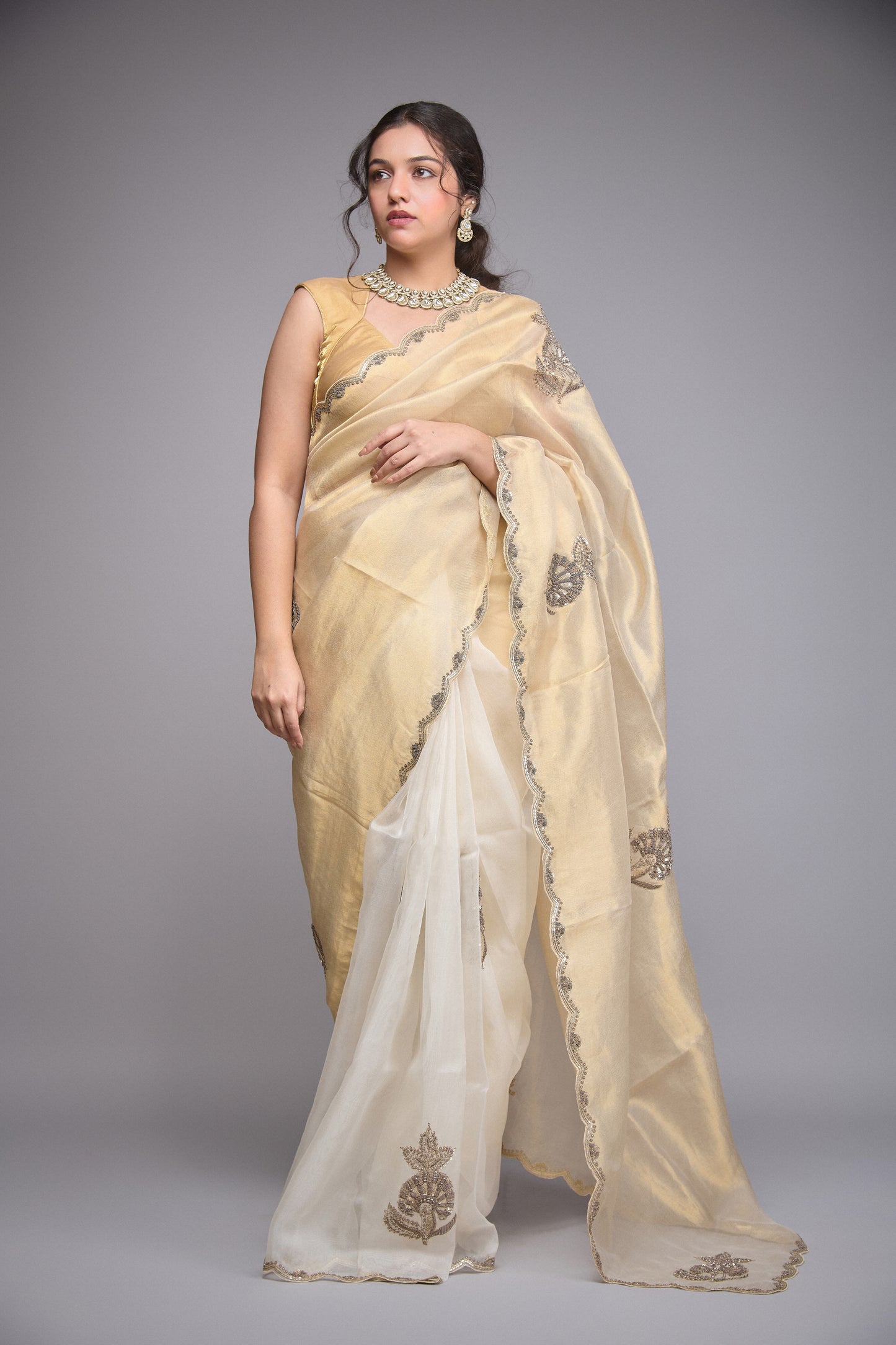 GOLD AND WHITE TISSUE EMBROIDERED SAREE