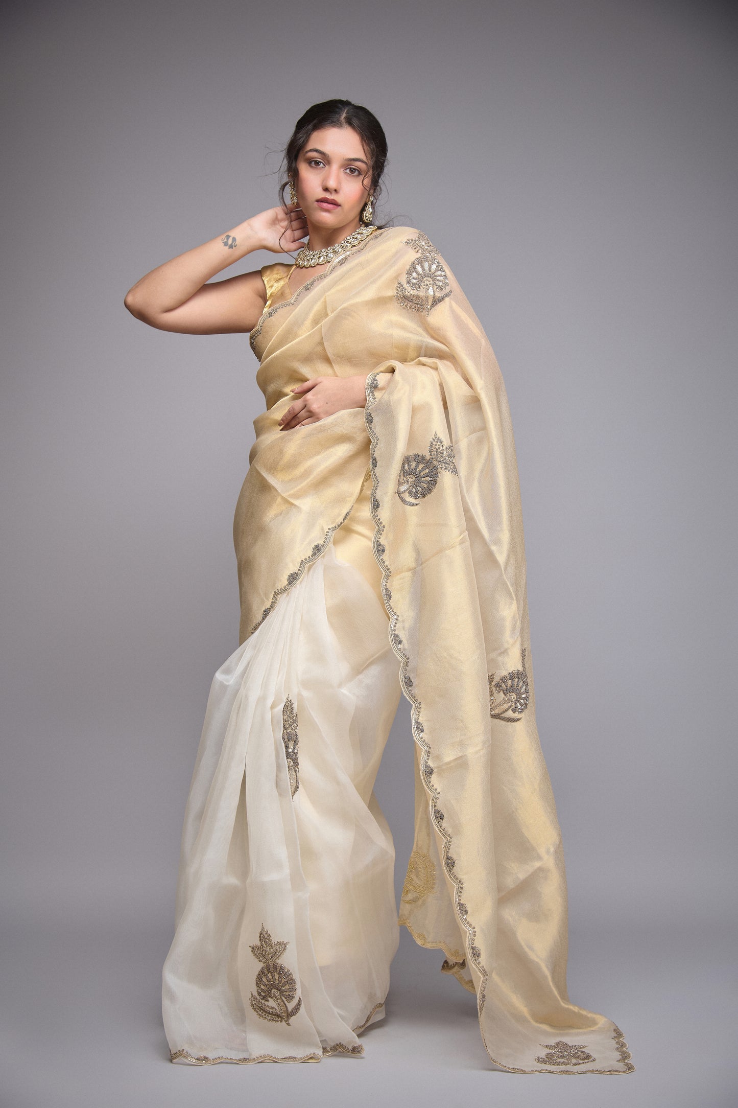GOLD AND WHITE TISSUE EMBROIDERED SAREE