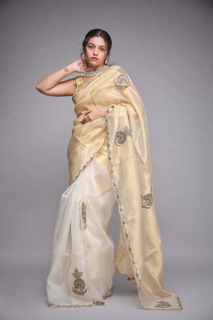 GOLD AND WHITE TISSUE EMBROIDERED SAREE