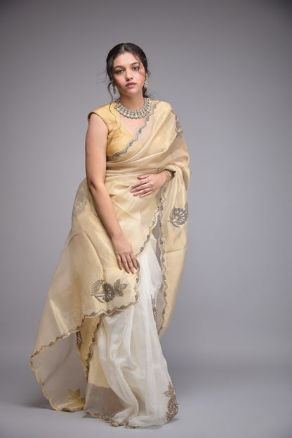 GOLD AND WHITE TISSUE EMBROIDERED SAREE