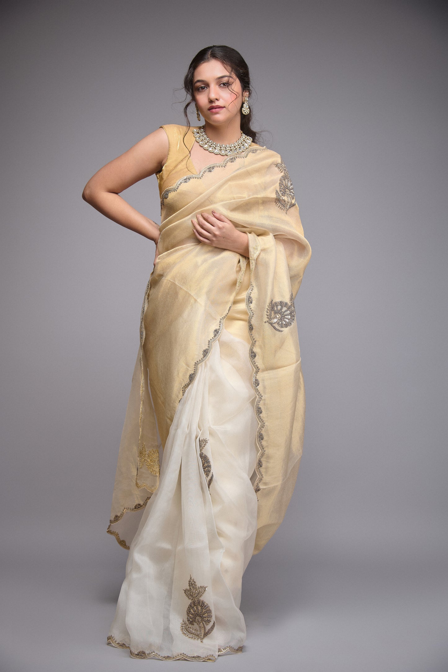GOLD AND WHITE TISSUE EMBROIDERED SAREE