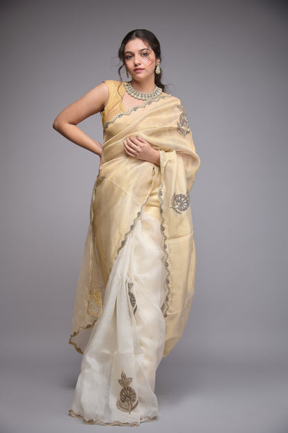 GOLD AND WHITE TISSUE EMBROIDERED SAREE
