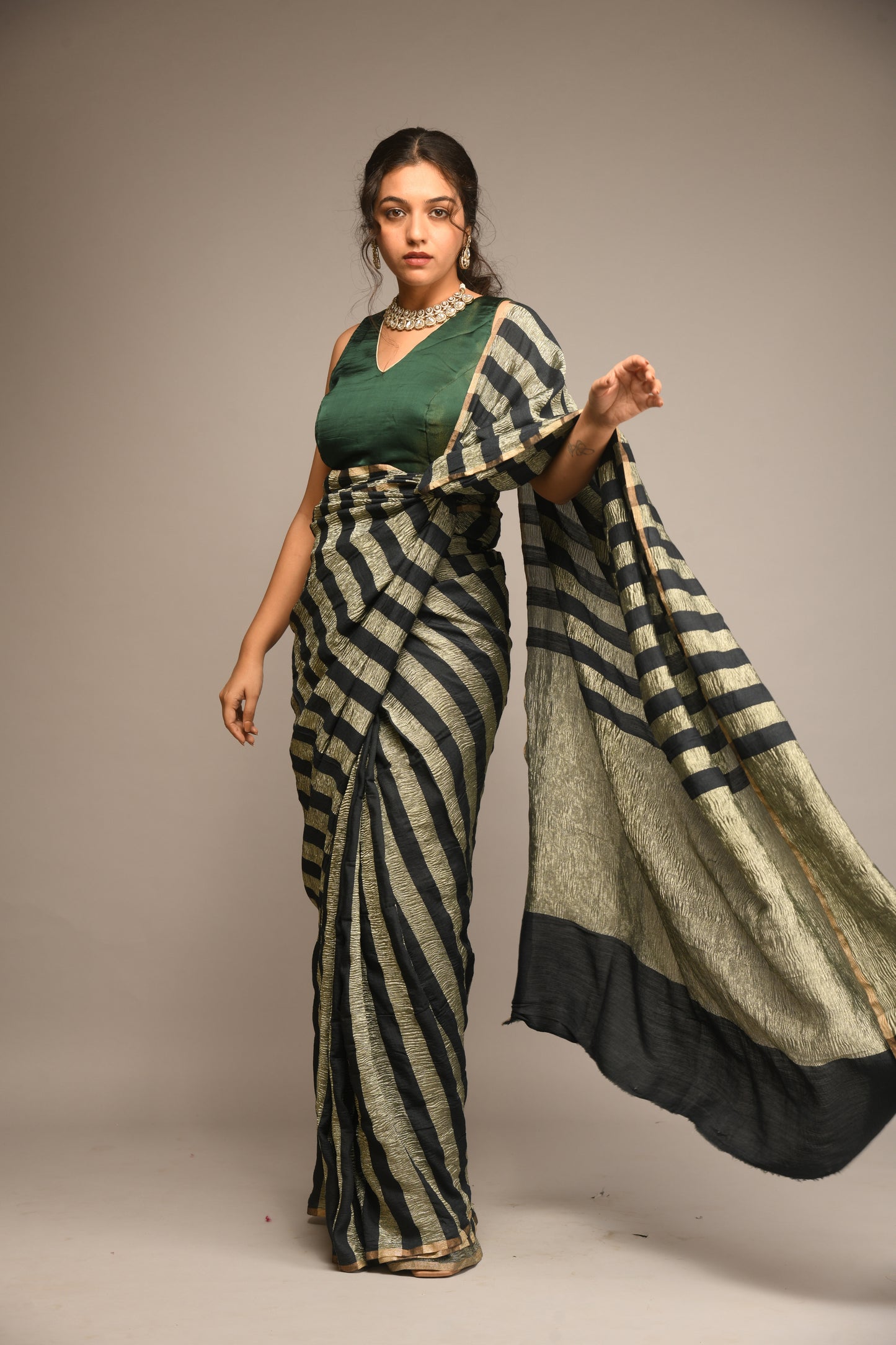 BLACK AND GOLD STRIPED SAREE