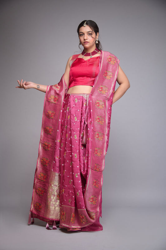 DULL ROSE PINK MOONGA SILK BANDHEJ SAREE