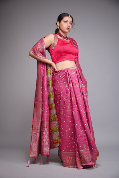 DULL ROSE PINK MOONGA SILK BANDHEJ SAREE