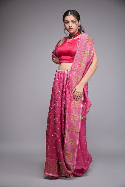 DULL ROSE PINK MOONGA SILK BANDHEJ SAREE