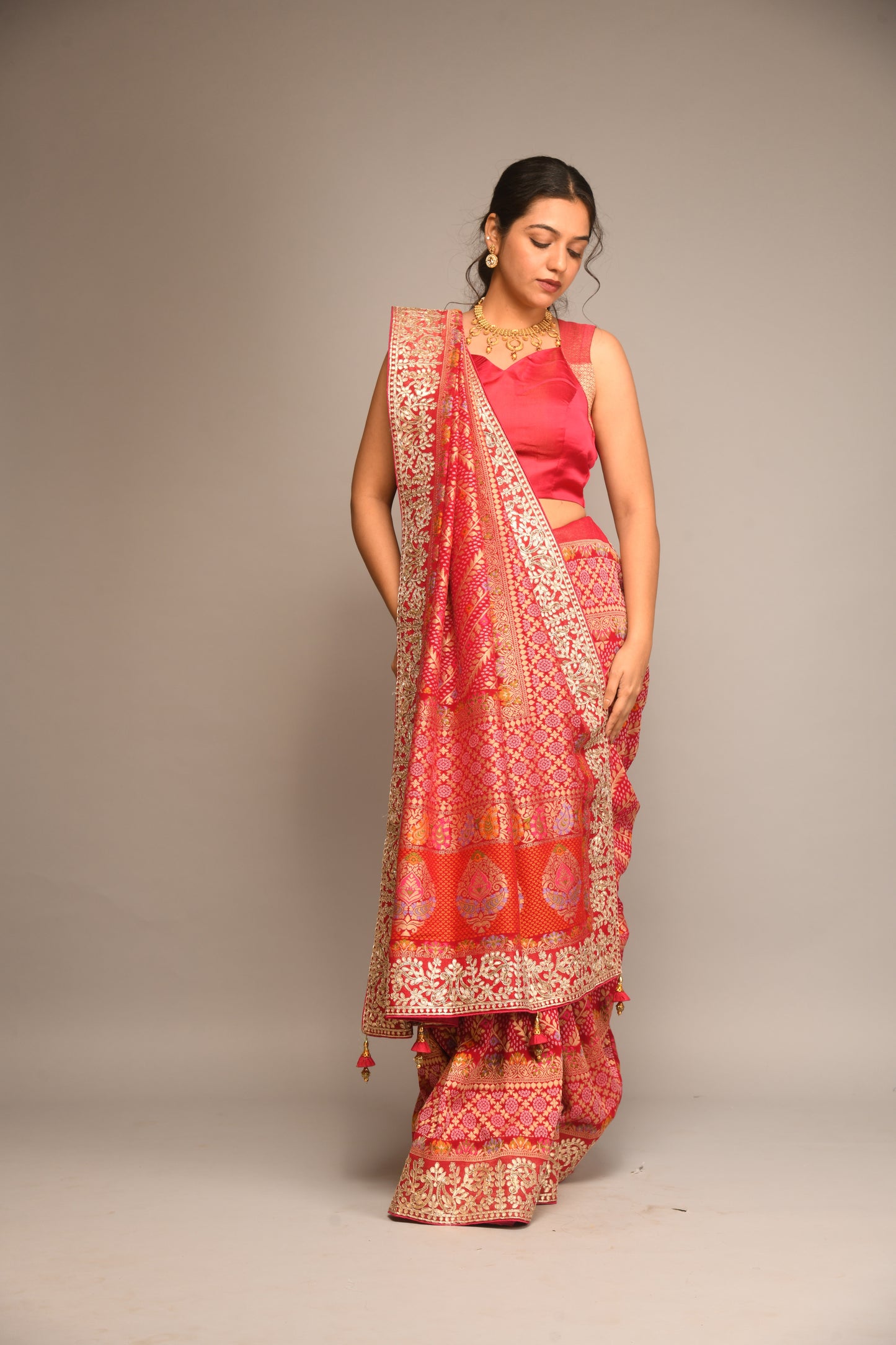 PINK BANDHEJ EMBROIDERED SAREE