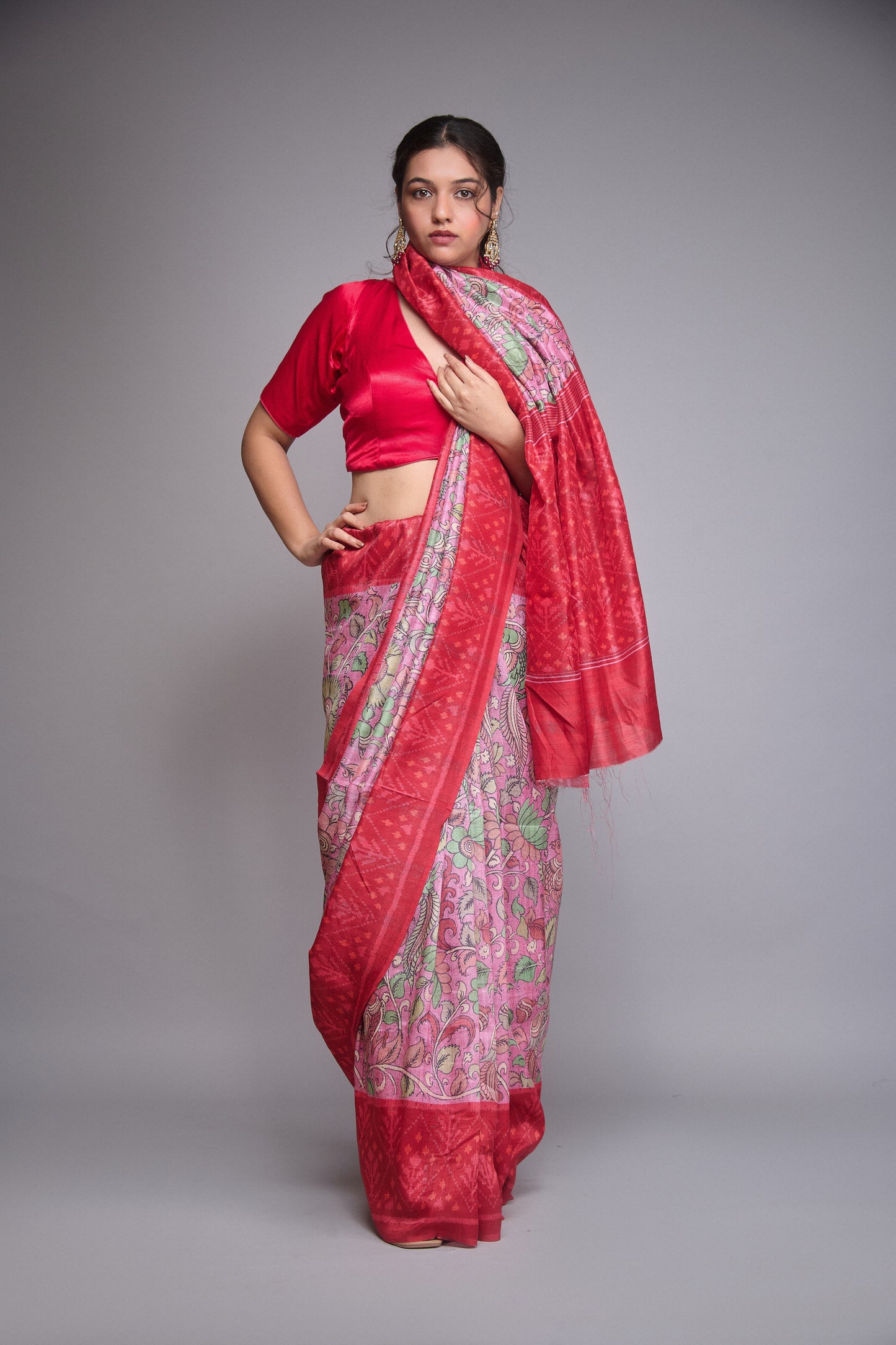 PINK AND RED KALAMKARI PRINTED SAREE