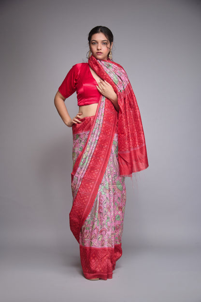 PINK AND RED KALAMKARI PRINTED SAREE