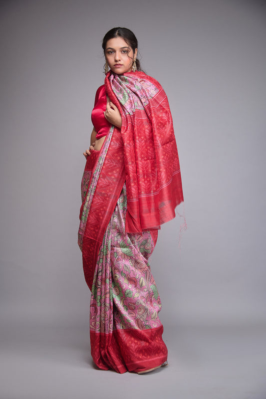 PINK AND RED KALAMKARI PRINTED SAREE