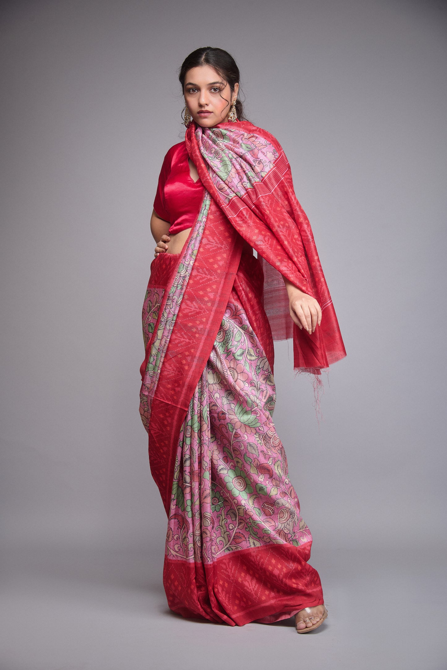 PINK AND RED KALAMKARI PRINTED SAREE