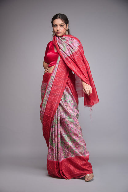 PINK AND RED KALAMKARI PRINTED SAREE