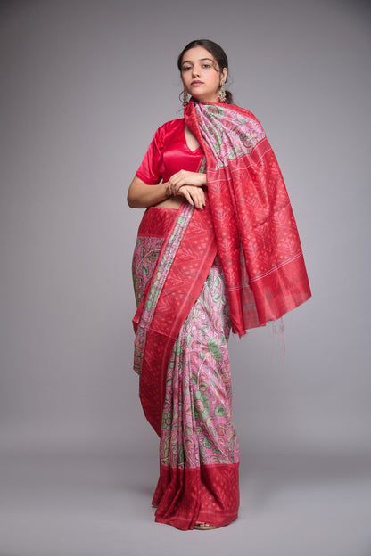 PINK AND RED KALAMKARI PRINTED SAREE