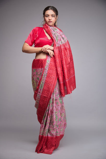 PINK AND RED KALAMKARI PRINTED SAREE