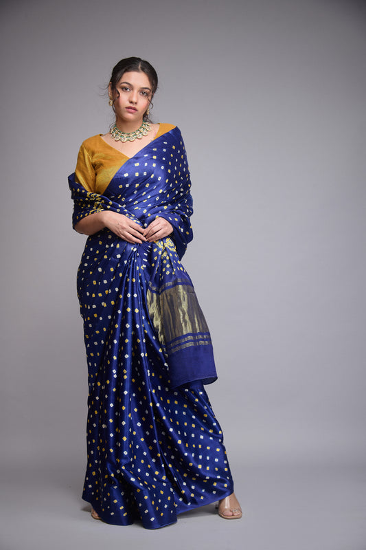 DARK ROYAL BLUE BANDHANI GAJI SILK