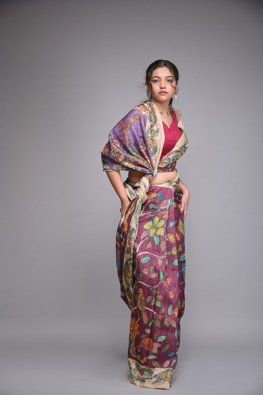 PURPLE TUSSAR SILK KALAMKARI SAREE