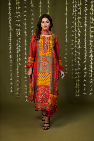 RED VISCOSE PRINTED SUIT SET