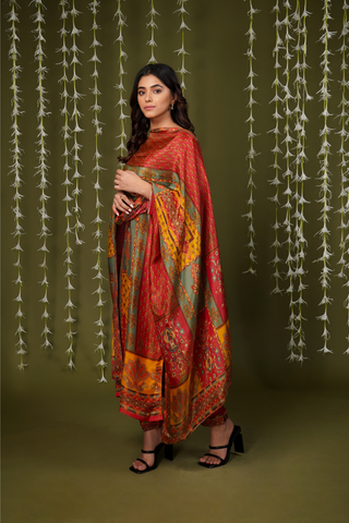 RED VISCOSE PRINTED SUIT SET