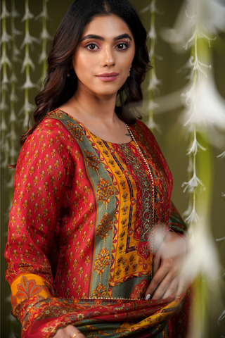 RED VISCOSE PRINTED SUIT SET