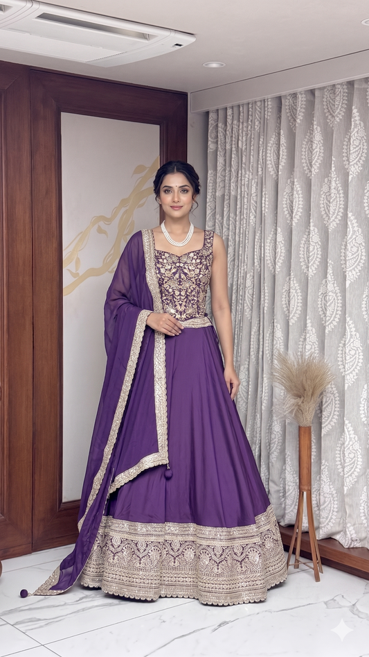Purple Taffeta Silk Lehenga with Zardosi Work