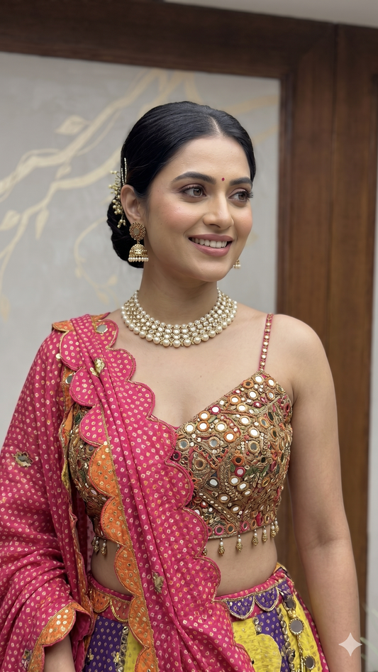 Antique Work Multicolour Lehenga in Banarasi Silk