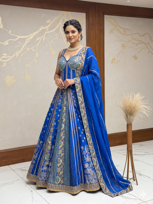 Blue Corset Lehenga in Banarasi Silk